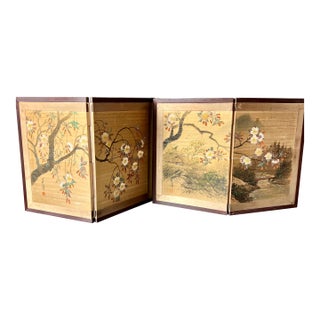 Byobu Japanese 24" Folding Pair Silk Screens Wood Frame Brass Details Signed For Sale