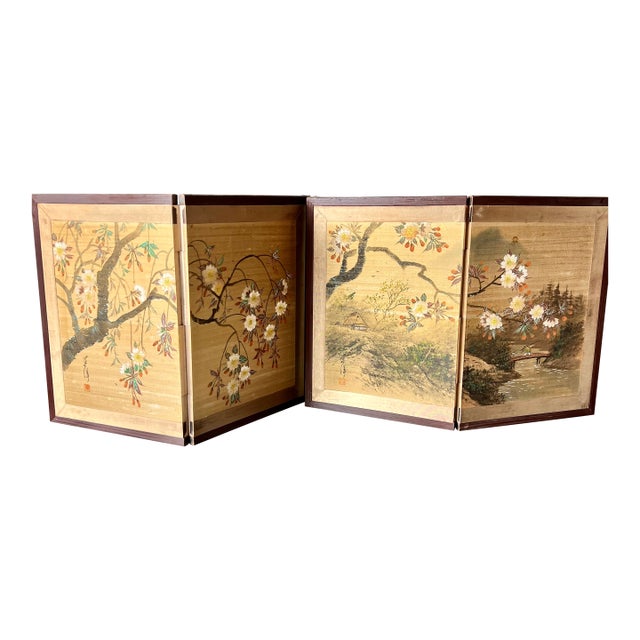 Byobu Japanese 24" Folding Pair Silk Screens Wood Frame Brass Details Signed For Sale