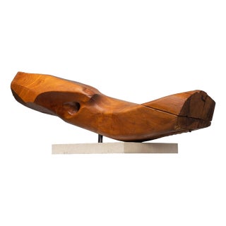 Organic Abstract Iroko Sculpture on Travertine Base, 1960s For Sale