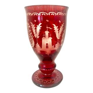 Red Cutout Glass Vase With Deer and Castle Design in Excellent Condition For Sale