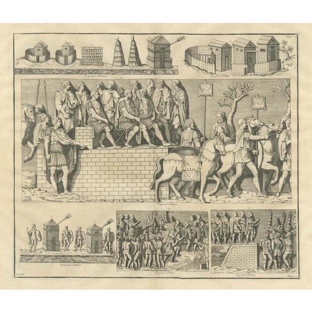 Beige Montfaucon, Roman Camp Towers, Huts and Officers on a Tribunal, Trajans Column, 1722, Engraving For Sale - Image 8 of 8