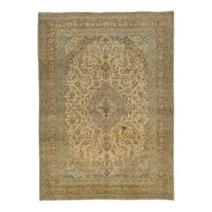 1960s Vintage Persian Tabriz Handmade Medallion Ivory Wool Rug 10 X 14