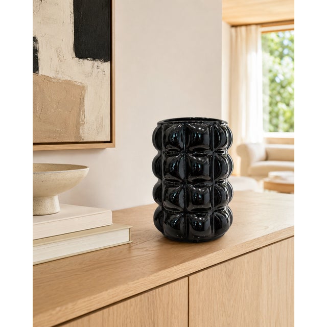Vintage Black Bubble Art Glass Vase In The Style Of Kosta Boda Kindly note photo number two (2) is a digital rendering...
