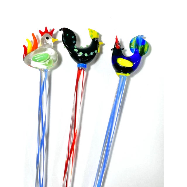 Red 1990s Hand-Blown Glass Rooster Swizzle Sticks – Set of 6 For Sale - Image 8 of 8
