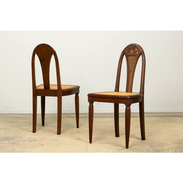 1930s Set of Six French Art Deco Carved Maple & Cane Dining Chairs For Sale In New York - Image 6 of 18