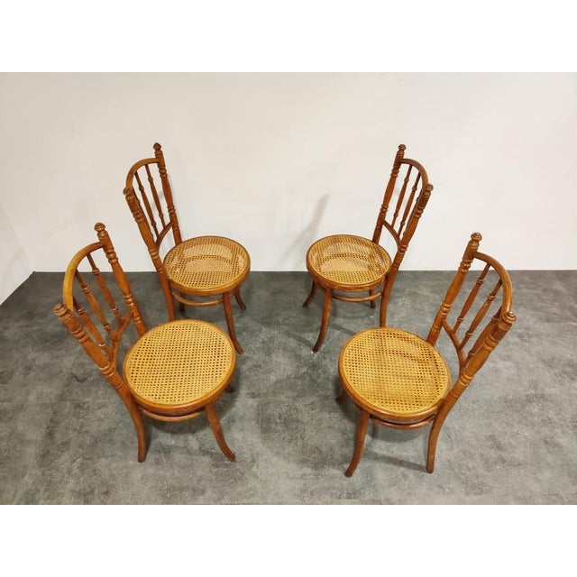 Set of 4 bentwood dining chairs with rattan seats. They are not stamped. Good condition, no damages to the rattan. One...