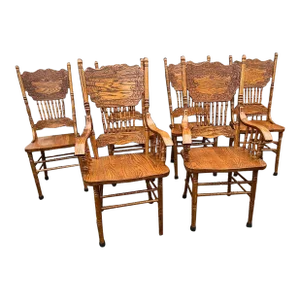 Mid 20th Century Set of Six Vintage Solid Oak Press Back Carved Dining Chairs