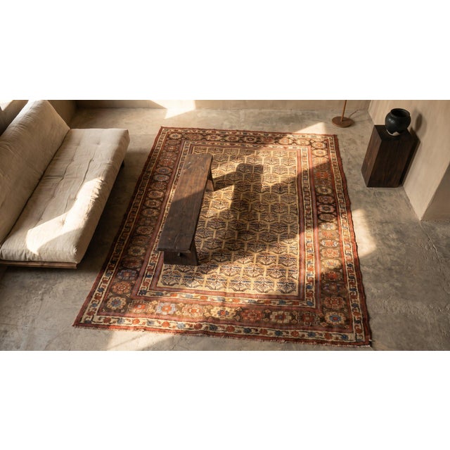 1880s Yellow Geometric Tribal Antique W. Persian Bijar Rug 5'3" X 7'7" Handknotted Wool Carpet For Sale In New York - Image 6 of 8