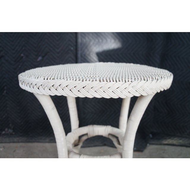 Late 20th Century Vintage Boho Chic White Wicker Bamboo Rattan Round Pedestal Table Stand For Sale - Image 5 of 11