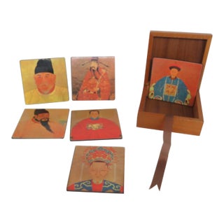 Mid 20th Century Chinoiserie Boxed Set of 6 Square Coasters Chinese Ancestor Portrait Motif For Sale