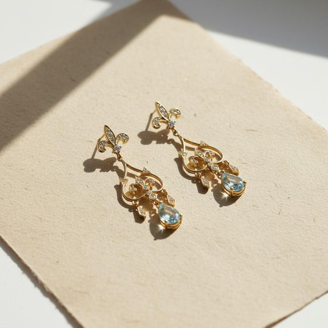 Fleur De Lis Chandelier Earrings Studs With Topaz in Silver, Gold, A Pair For Sale - Image 6 of 10