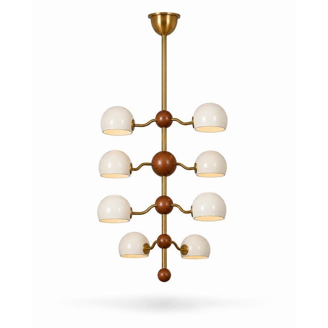 Cream 8 Light Brass Dome Chandelier, Mid Century Tiered Pendant Light, Cream Shade Ceiling Fixture, Sculptural Dining Room Lighting For Sale - Image 8 of 9