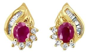 Oval Ruby Earrings with Baguette Diamond Accents .30cttw 14k Yellow Gold, 2 Pieces