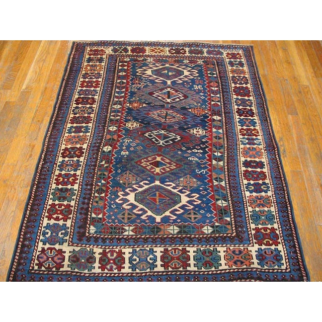 1890s Blue Navy Geoemtric Tribal Antique Caucasian Shirvan Rug 3'6" X 4'8" Handknotted Wool Carpet For Sale - Image 4 of 6