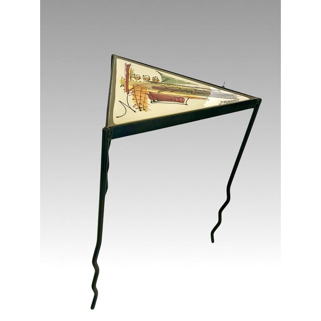 Metal Memphis Movement Staropoli Triangular End or Side Table With Abstract Colourful Ceramic Tile Top For Sale - Image 7 of 13