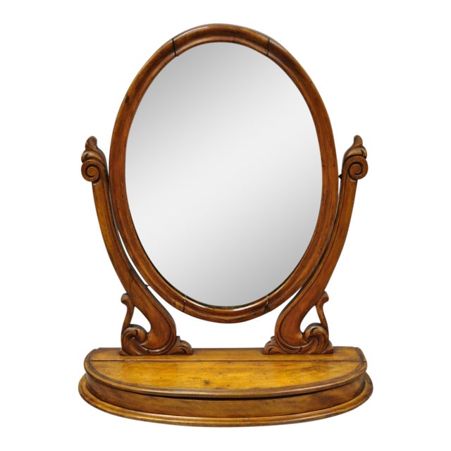Antique Cheval Style Walnut Oval Mirror Lift Top Shaving Vanity