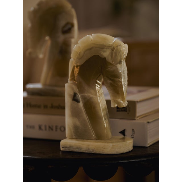Vintage Mid-Century Modern Hand Carved Honey Onyx Horse Head Bookends For Sale - Image 9 of 9