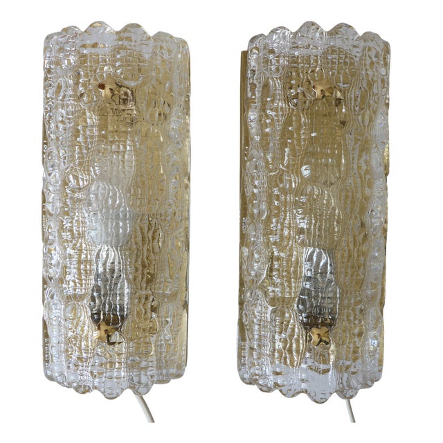 Glass and Brass Wall Lights by Carl Fagerlund for Orrefors, 1960s, Set of 2 For Sale