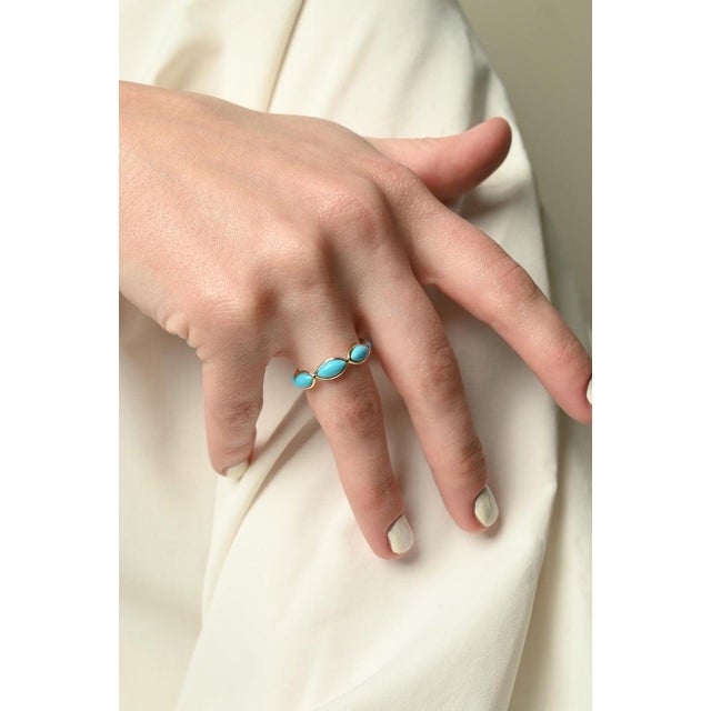 Modern Marquise Cut Turquoise Eternity Band Size 6.5 For Sale - Image 3 of 9