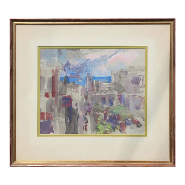 Late 20th Century Abstract Watercolor Cityscape Painting For Sale
