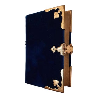(1851) Blue Velvet Christian Prayerbook With Brass Clasp & Corners - Antique Devotional Christian Bible Art For Sale