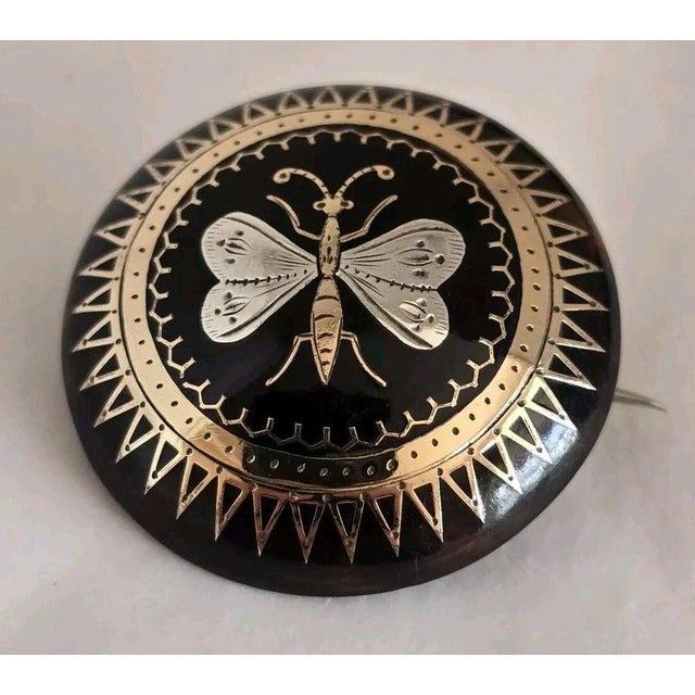 Victorian Faux Tortoiseshell Gold and Silver Piqué Butterfly Brooch, 1880 For Sale - Image 6 of 14