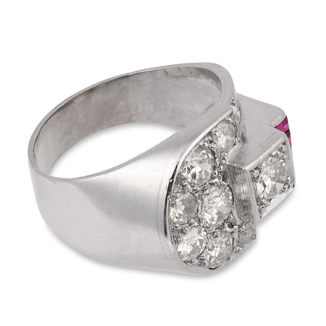 1960s Mid Century Old European Cut Diamond Ruby Platinum Buckle Ring, Size 5 For Sale - Image 4 of 6