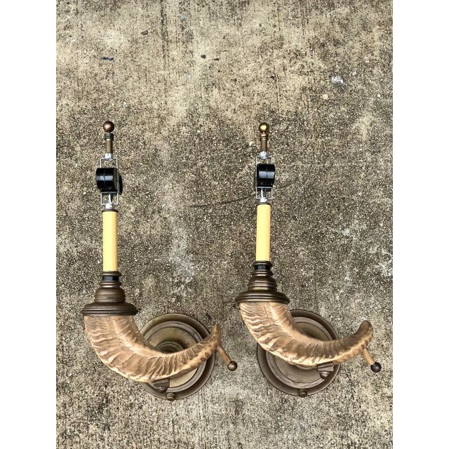 Mid 20th Century Vintage Brass Twisted Horn Wall Sconces - Pair For Sale - Image 5 of 12