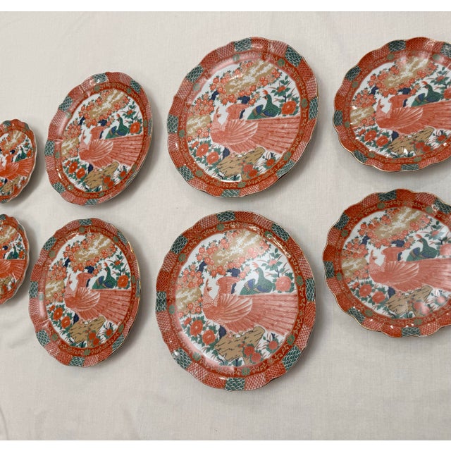 Imari Porcelain Vintage Japanese Imari Arita Peacock Scalloped Porcelain Dinner & Salad Plates - 8 Pieces For Sale - Image 4 of 12