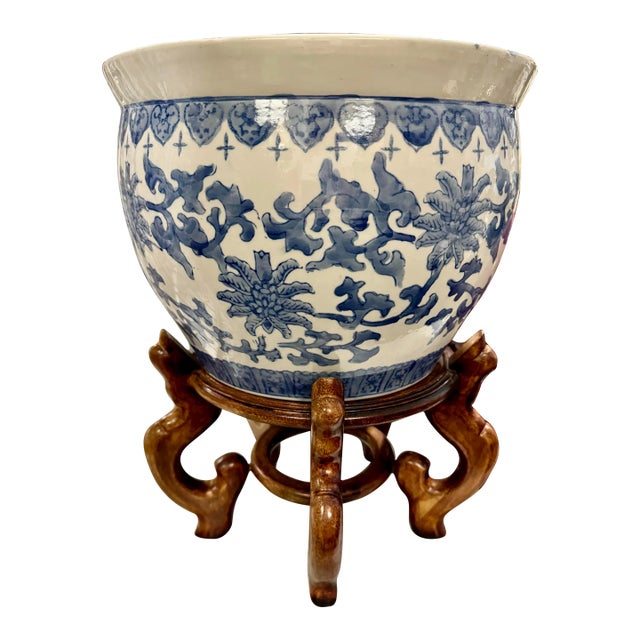 Chinoiserie Blue & White Jardiniere & Wood Stand For Sale