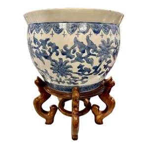 Chinoiserie Blue & White Jardiniere & Wood Stand