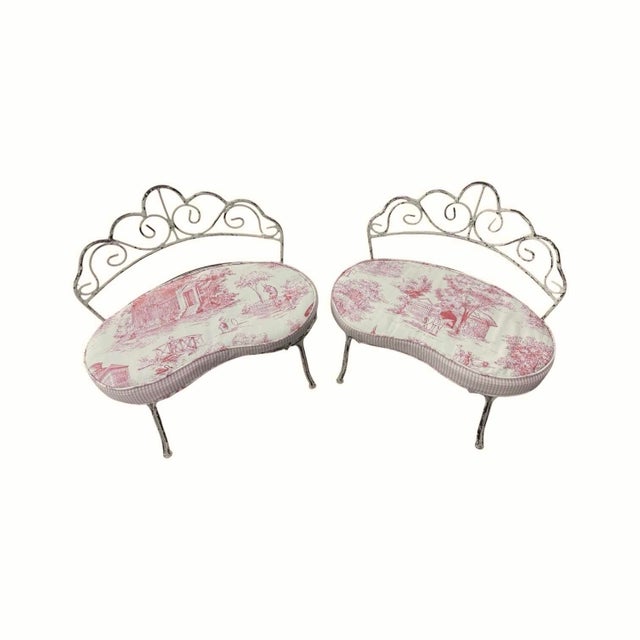 Vintage Wrought Iron Children’s Benches With Custom Toile Cushions - A Pair For Sale - Image 4 of 14