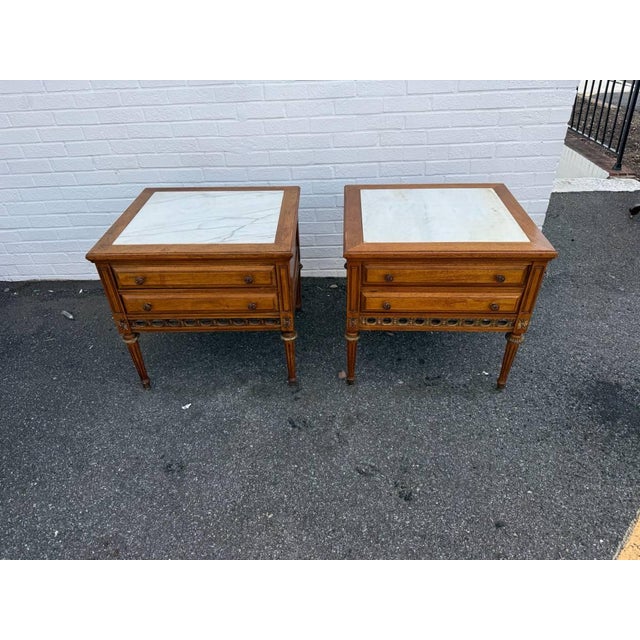 French Provincial Pair of Vintage French Provincial Louis XVI Style Marble Top 2 Drawer Side Tables by Gordon's Inc. For Sale - Image 3 of 9