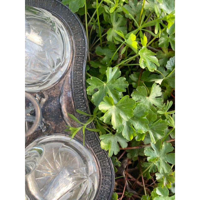 Early 20th Century Antique Cut Crystal Oil & Vinegar Cruet Set With Silver-Plated Stand For Sale - Image 5 of 5