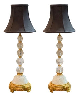Pair of Hollywood Regency Rock Crystal, Bronze, Table Lamps, France, 1960s