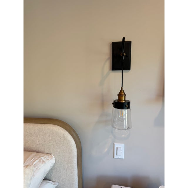 Industrial Industrial Blackened Brass & Antique Brass Hanging Glass Wall Sconces - a Pair For Sale - Image 3 of 6