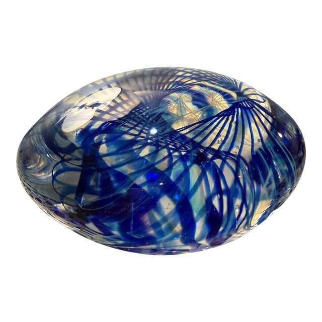 Late 20th Century Signed Angelo Ballarin F&m Ballarin Studio Murano Art Glass Paperweight With Blue Swirl For Sale