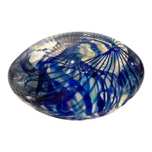Late 20th Century Signed Angelo Ballarin F&m Ballarin Studio Murano Art Glass Paperweight With Blue Swirl