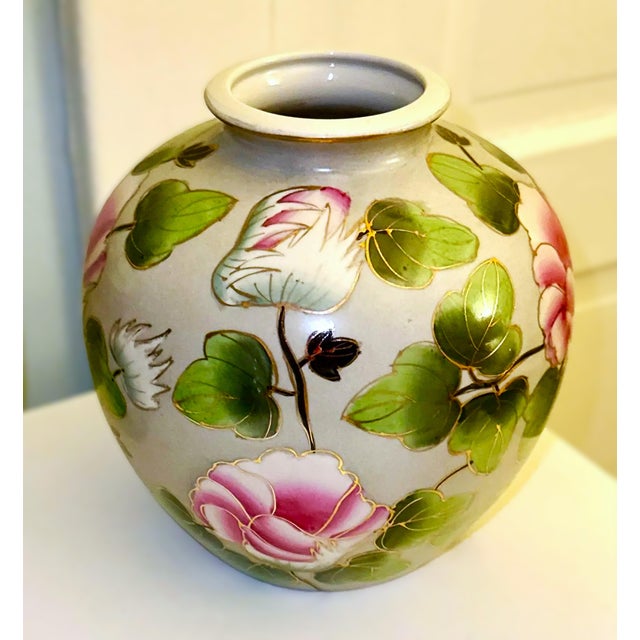 Mid 20th Century Pink and Green Hand Painted Peony Floral Vase For Sale - Image 4 of 5