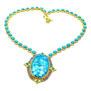 Bochic "Capri" Diamonds, Emeralds & Turquoise Necklace Set In 18K & Silver For Sale