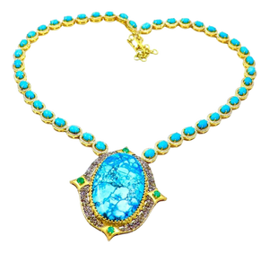 Bochic "Capri" Diamonds, Emeralds & Turquoise Necklace Set In 18K & Silver