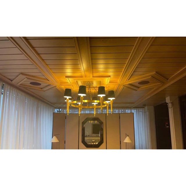 Metal Prosecco Chandelier in Satin Brass with Black Shades by Jamie Drake for Boyd Lighting For Sale - Image 7 of 9