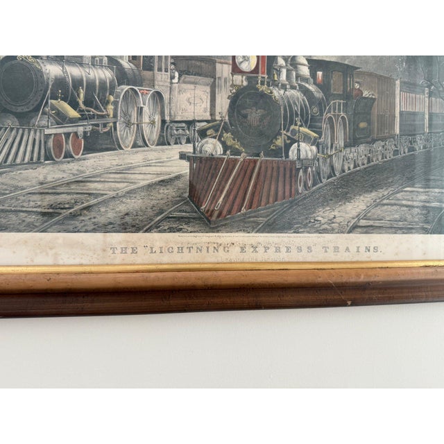 Mid 19th Century Authentic 1864 Currier & Ives Hand-Colored Lithograph "The Lightning Express Trains – Leaving the Junction" For Sale - Image 5 of 9