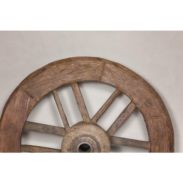 Wood Indian 19th Century Wood and Metal Cart Wheel with Rustic Character For Sale - Image 7 of 12