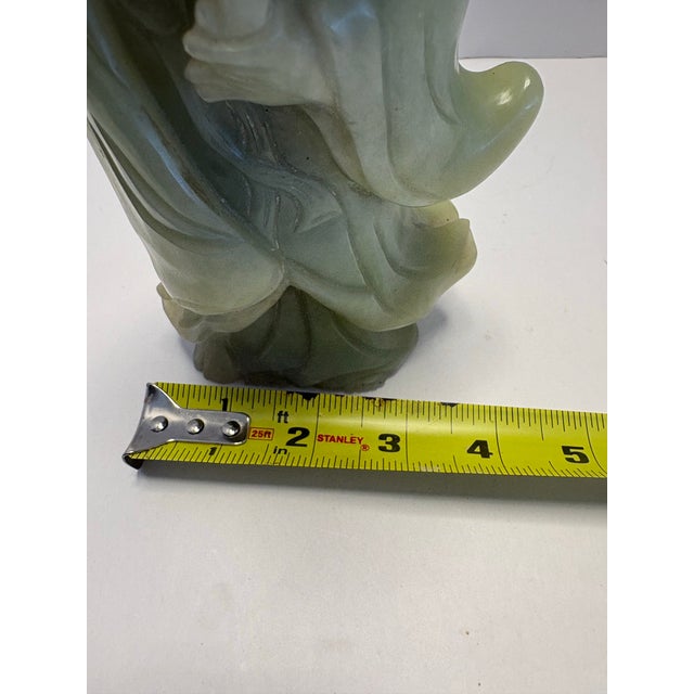 Jade Vintage Green Jade-Style Guanyin Stone Sculpture – Asian Serpentine Carving, 8.5” Figurine Mid Century Buddhism Spiritual Meditation For Sale - Image 8 of 10