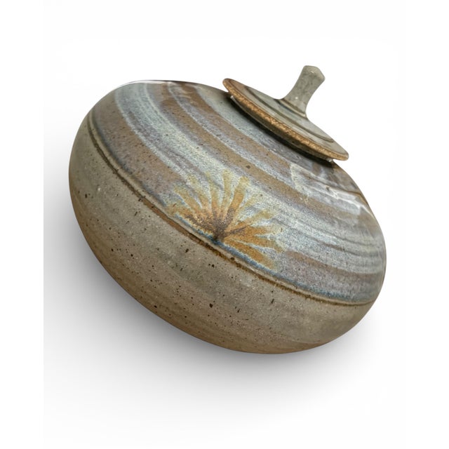 Mid-Century Modern Large Vintage Studio Pottery Covered Jar – Wheel-Thrown Stoneware Lidded Vessel With Brushwork, Signed (1970s–80s) For Sale - Image 3 of 12