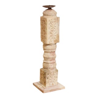 Carved Bleached Wood Candle Holder For Sale