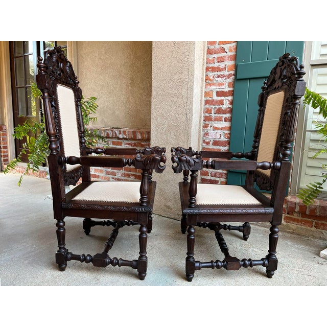 Brown Pair Antique French Arm Chairs Dining Renaissance Carved Oak Bird Black Forest For Sale - Image 8 of 12