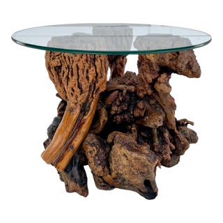 Vintage Live Edge Burl-Wood Root and Glass Side Table For Sale