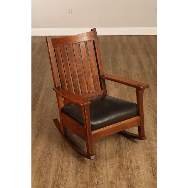 High Quality American Made Solid Oak Rocker By L & J.G. Stickley In The Mission Style. Features A High Slatted Back,...